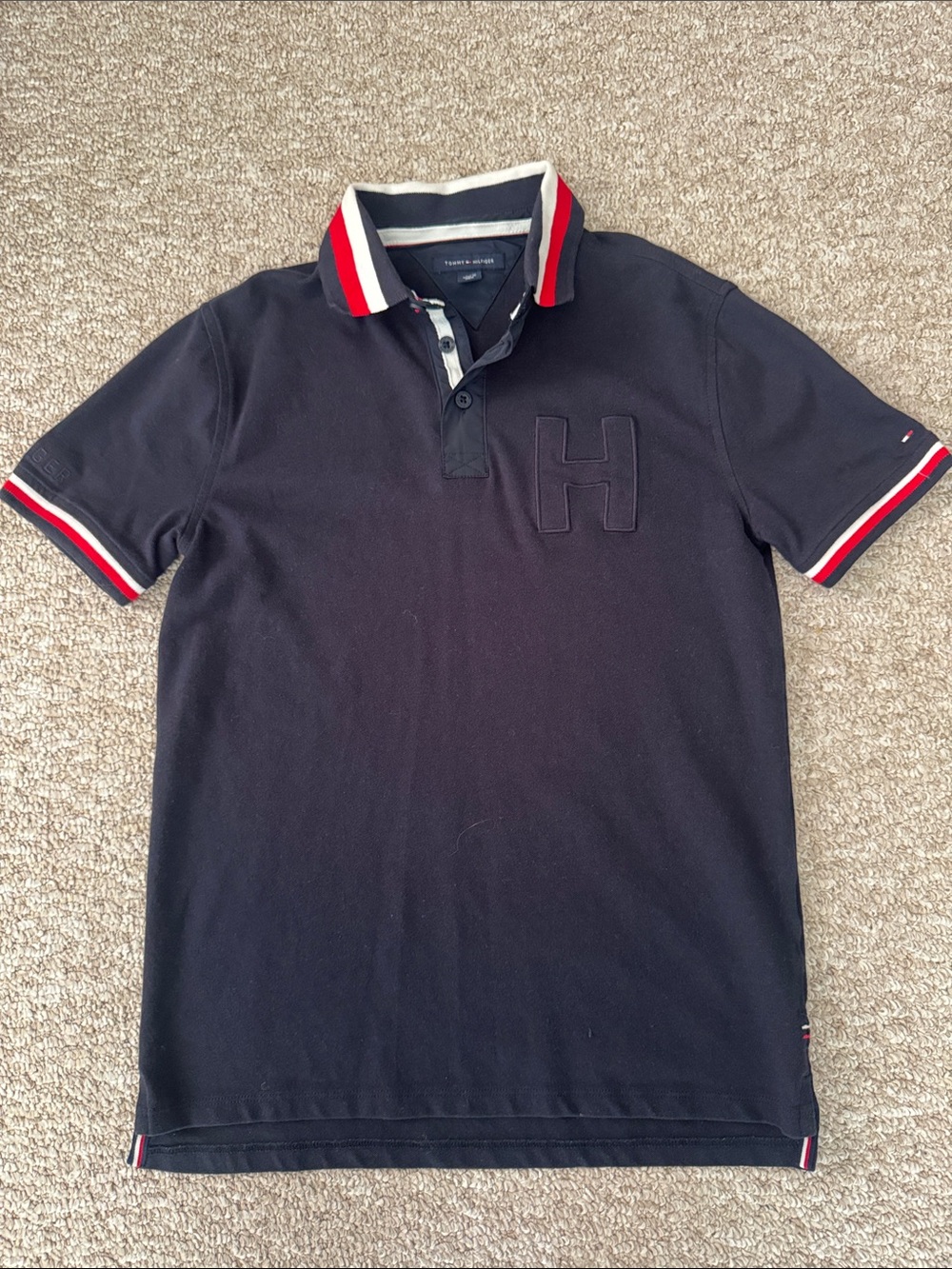 Tommy Hilfiger Navy Polo with Red & White Stripe Trim